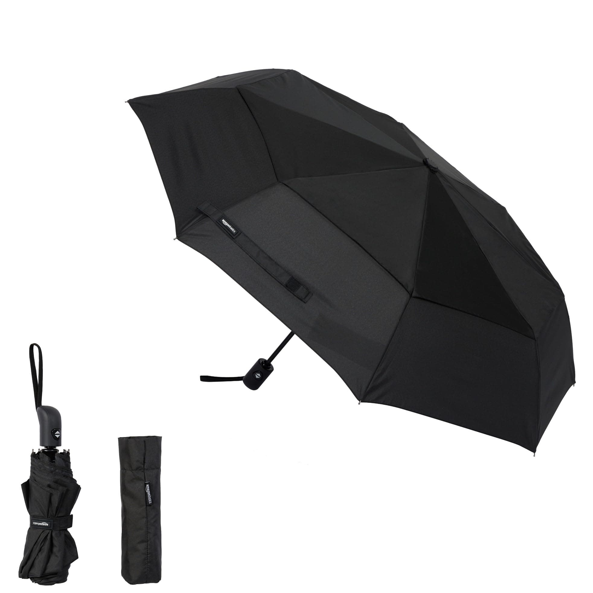 Amazon Basics Round Automatic Travel Compact Umbrella Windproof Strong, with Wind Vent, Black, One Size