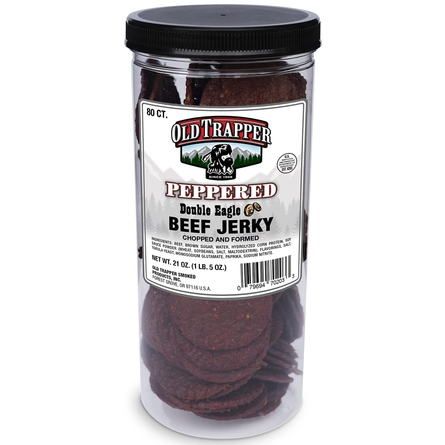 Old TrapperPeppered Double Eagle Beef Jerky | Traditional Style Real Wood Smoked Made From 100% Lean Beef | 1 Jar (80Piece), 80Count