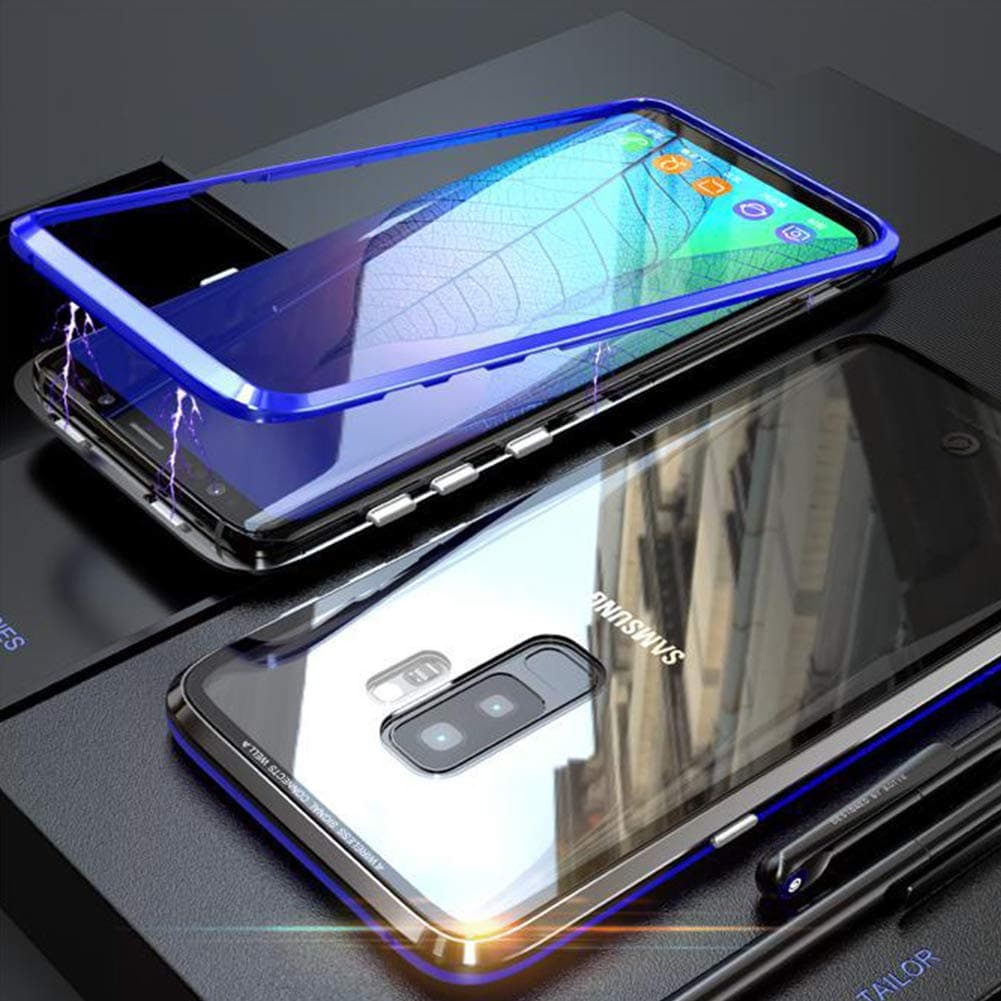 Onner Samsung S8/9/Plus Phone Case, Ultra-Thin Tempered Glass Full Cover Case with Magnetic Metal Frame, Anti-Scratch Phone Case for Samsung Galaxy S8/ S9/S8 Plus/S9 Plus (Black+Blue, s9 Plus)