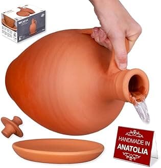 Anadolu Natural Clay Water Pitcher Set | Unglazed Terracotta Water Carafe & Plate | Traditional Small Mud Jug | Pottery Jar for Drinking Water | Large | 3.3 qts