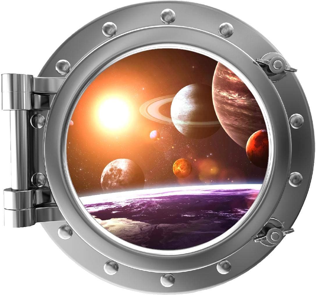 12" Port Scape Instant Space Ship Window View Solar System #3 Silver Porthole Wall Decal Removable Wall Sticker Planets Kids Room Decor