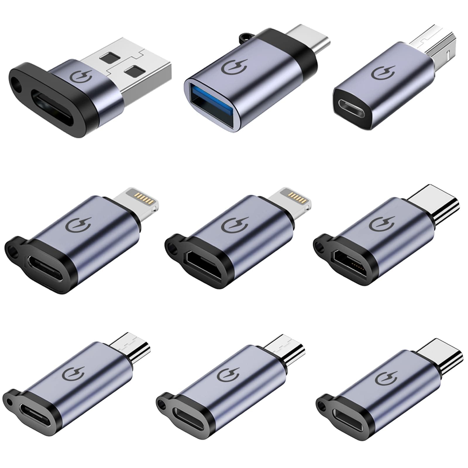 USB C to Micro Adapter, USB C/Micro to Lig-htn-ing Adapter, Micro to USB C Adapter, USB C to USB Adapter,USB to USB C Adapter,USB C to USB B Adapter,9 Stück.
