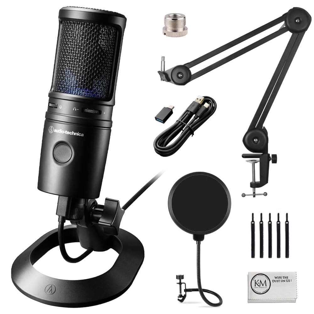 AT2020USB-X Cardioid Condenser USB Microphone with Microphone Arm + Wind Screen Pop Filter + Cleaning Cloth (4 Items)