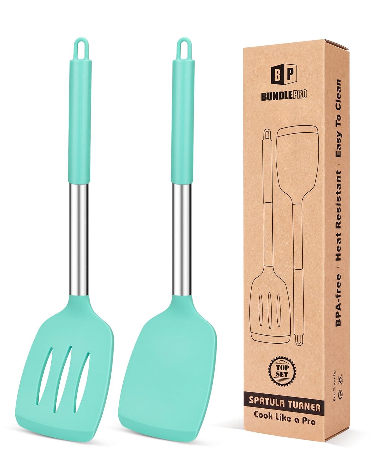 Pack of 2 Silicone Solid Turner,Non Stick Slotted Kitchen Spatulas,High Heat Resistant BPA Free Cooking Utensils,Ideal Cookware for Fish,Eggs,Pancakes (Green)