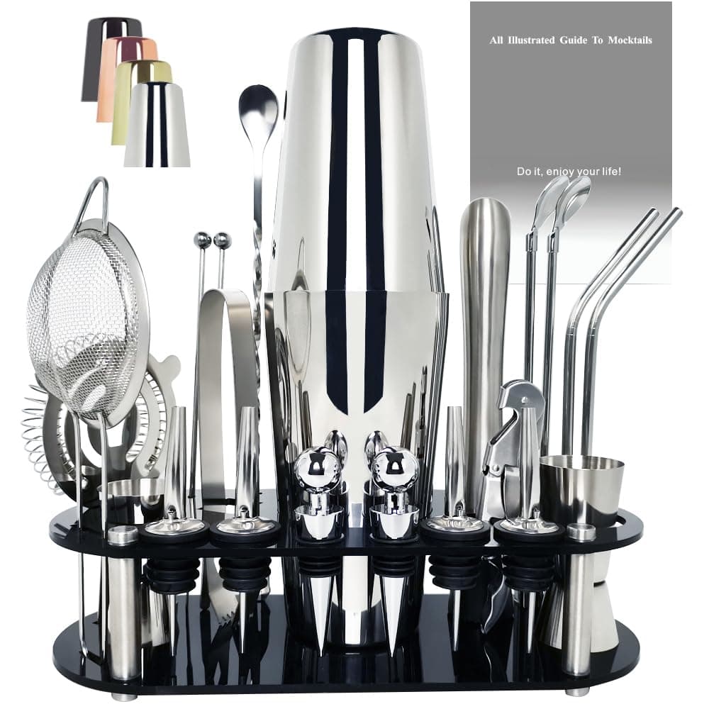 22-Piece Cocktail Shaker Set, 25/20oz Bartender Kit, Bartending Stainless Steel Bar Tools Sets for Drink Mixing, Boston Cocktail Shakers with Stand Recipes Booklet (Siver 25-20oz)