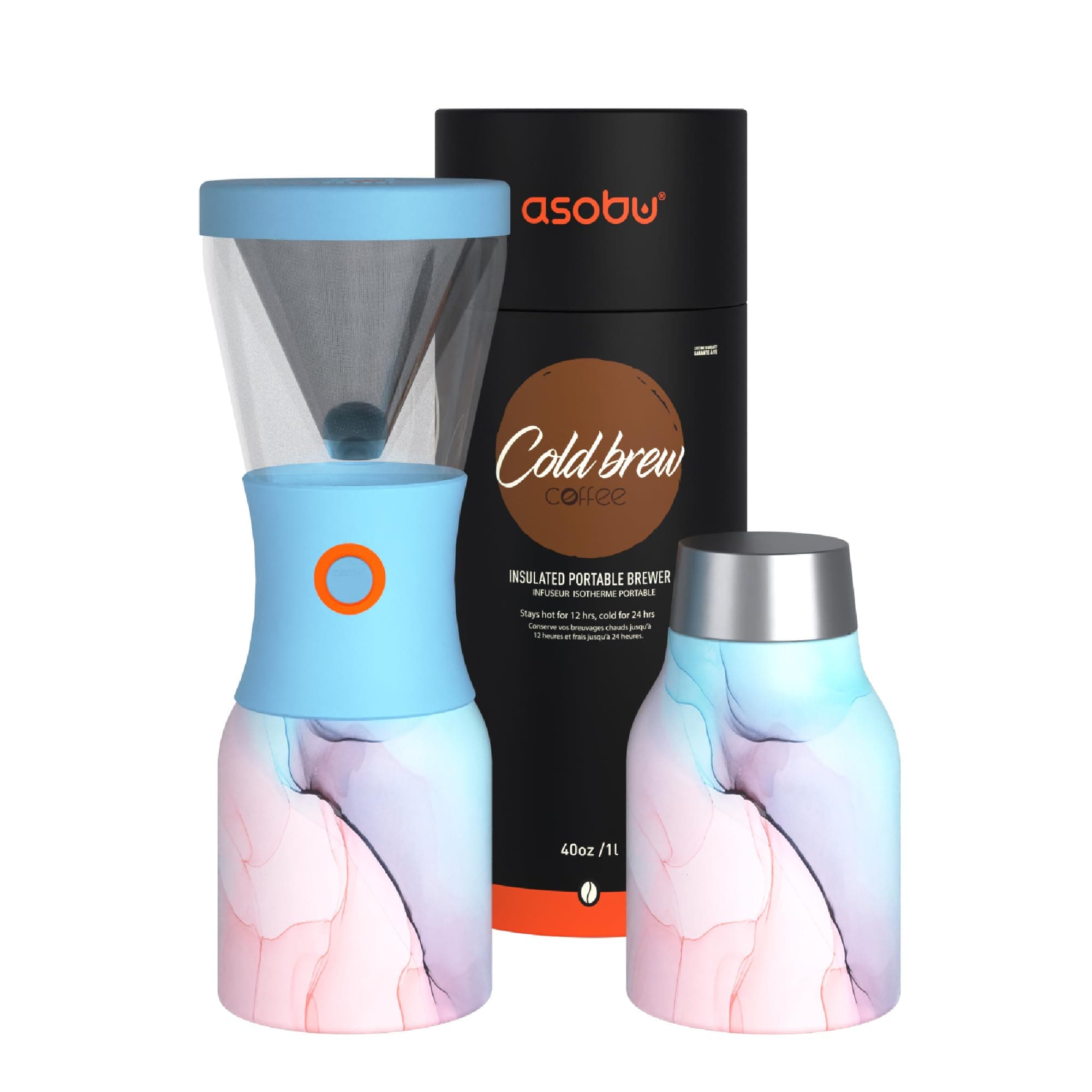 Asobu Coldbrew Portable Cold Brew Coffee Maker With a Vacuum Insulated 1 Liter Stainless Steel 18/8 Carafe Bpa Free (Aqua Pink Marble)