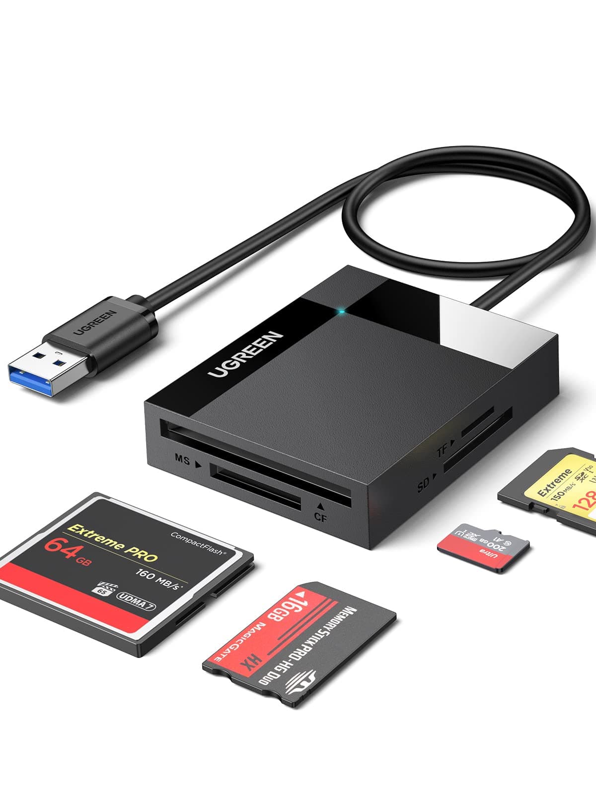 UGREEN SD Card Reader, 4-IN-1 USB 3.0 to SD CF TF MS Card Adapter, 5Gbps High-Speed Camera Memory Cards 4 Cards Reading Simultaneously for SDHC, SDXC, Micro SD, Micro SDXC, MS Pro, CF