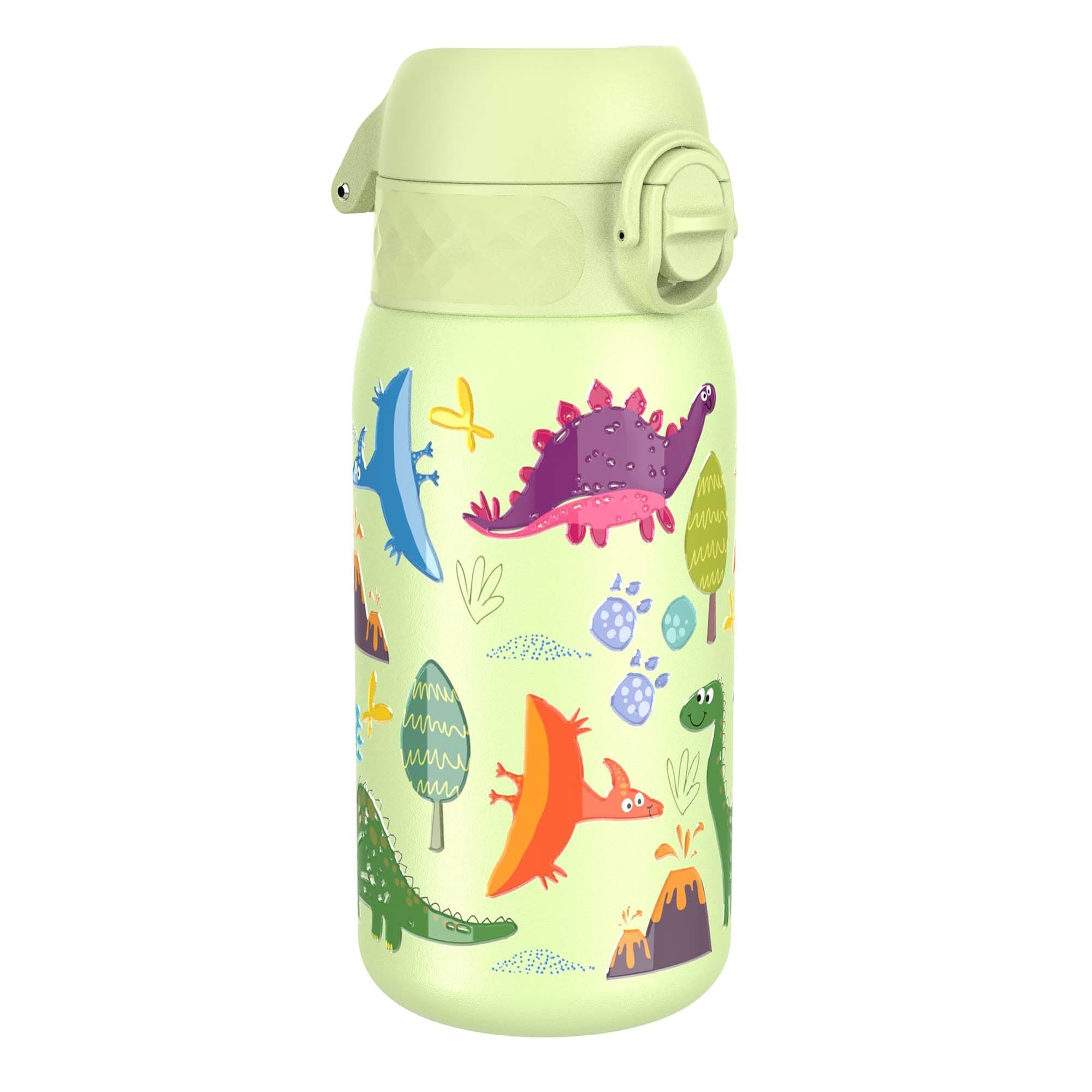 Small Water Bottle, Leak Proof, Easy to Open, Secure Lock, Dishwasher Safe, Flip Cover, Carry Handle, Easy Clean, Durable, Water Bottle, Raised Print, Green, Dinosaurs