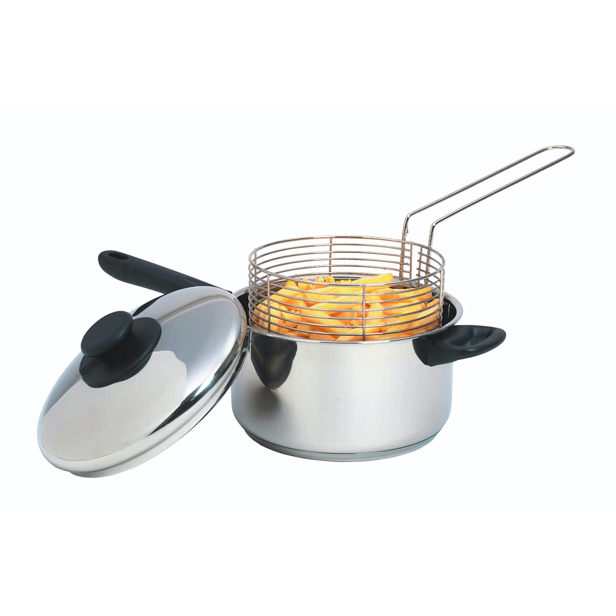 KitchenCraft Large Chip Pan with Basket and Lid 2cm, Induction Safe, Stainless Steel, Silver