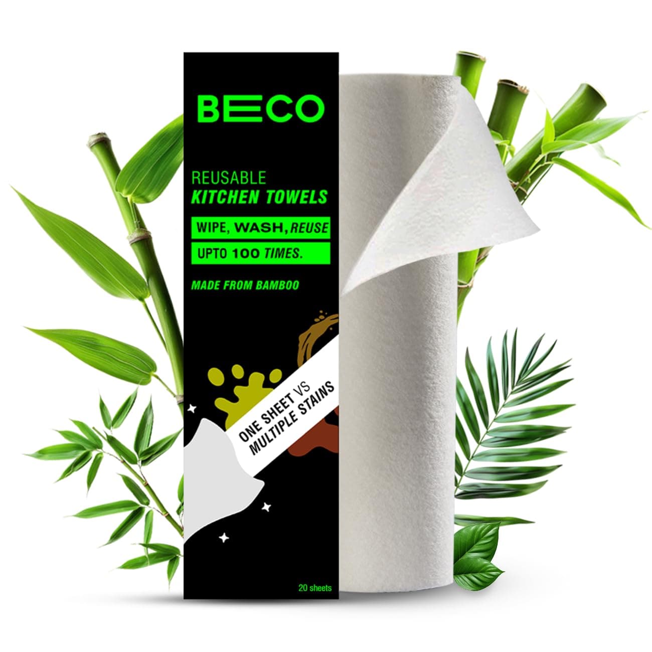Beco Reusable Kitchen Towel Roll-2000 Times Washable|Soft & Highly Absorbent|Better Alternative to Dishcloth, Kitchen Tissue Paper Roll/Paper Towel|Eco Bamboo Wipes for Home Cleaning|20 Sheets