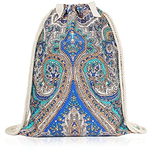 Keepast Drawstring Backpack Women Canvas Shoulder Bag Chinese Embroidery Pattern Casual School Travel Backpacks Gym Sports Sackpack