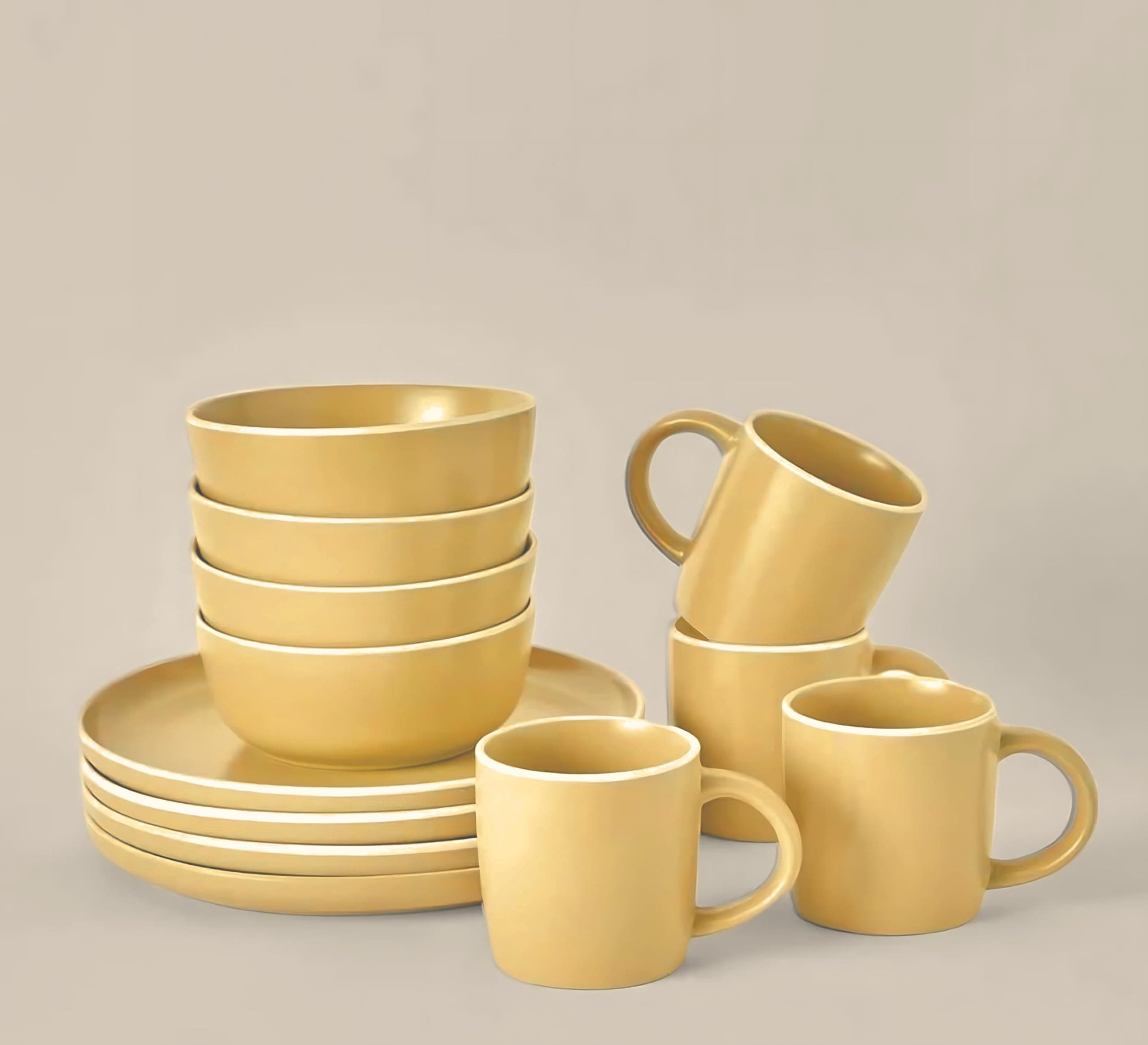 FEELINGS STONEWARE CERAMIC 12 PCS DINNER SET | Durable Tableware for Family Meals | Includes Dinner Plates, Bowls, and Mugs | Stylish Design for Everyday Use (Yellow)