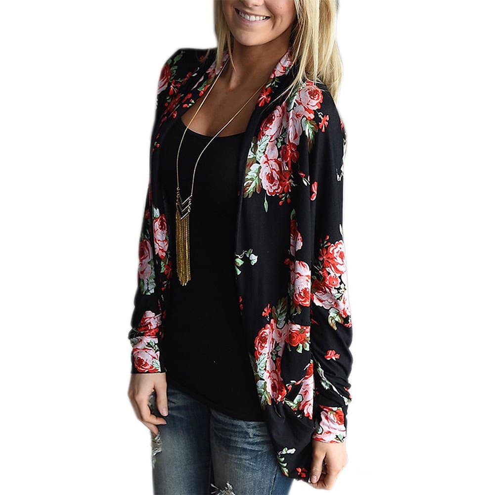 Kaoccy Women's Floral Soft Long Sleeves Open Front Fall Thin Coat Black S