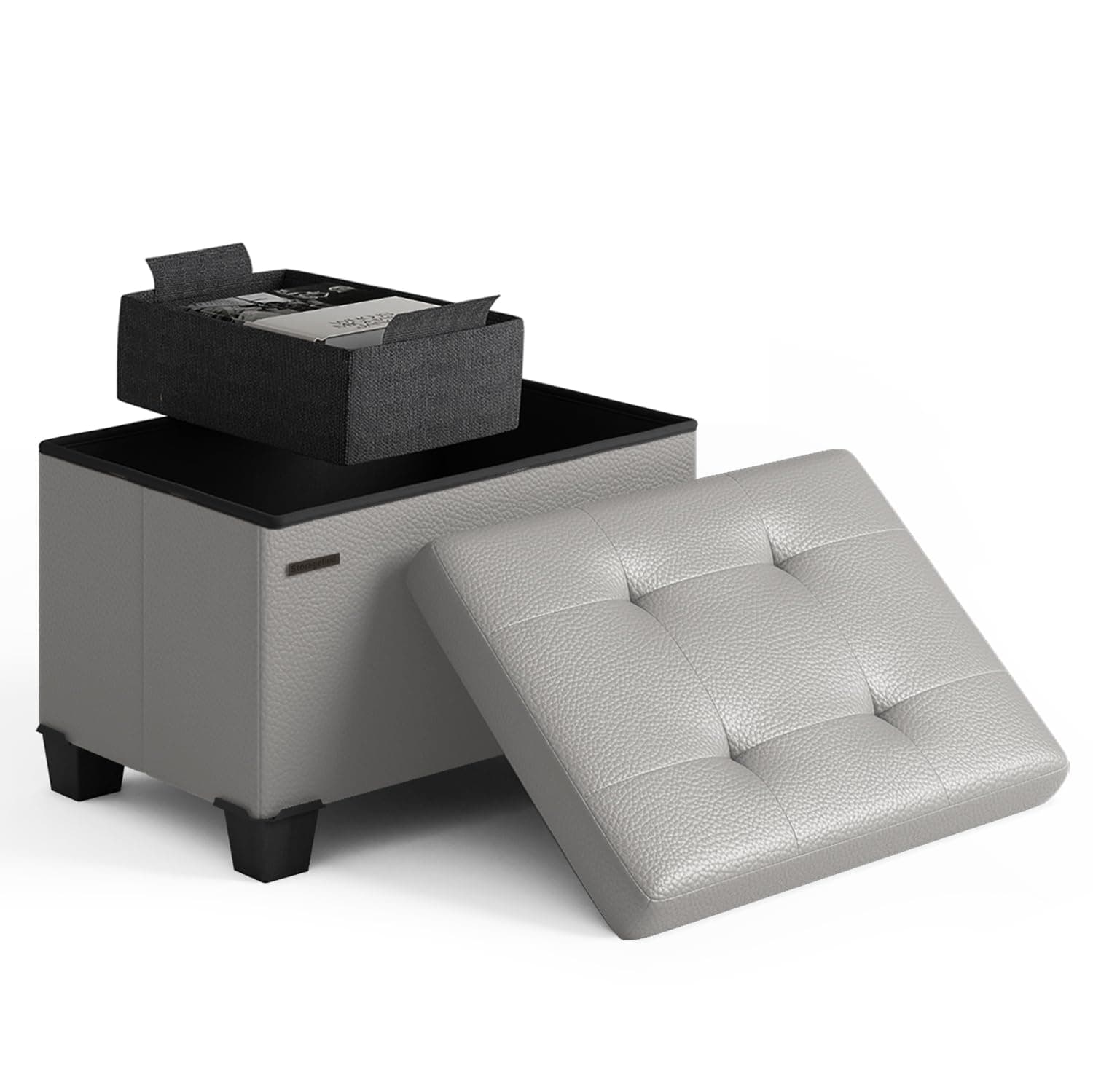 STORAGEBUD Storage Ottoman Cube with Small Bin, 16-in Square Ottoman with Storage for Living Room and Bedroom, Small Ottomans Foot Rest, Faux Leather Foot Stools Ottomans Max 330lbs, Light Grey
