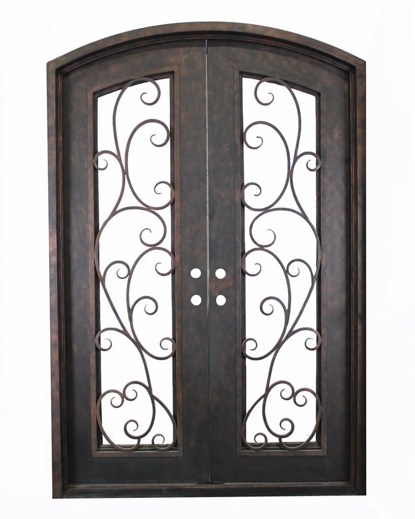 Midwest Iron Doors 207296NT-02COT. 72" x 96" Iron Entry Double Door in Hand Rubbed Bronze with Full Lite Eyebrow Arch Featuring Santa Cruz Scroll Panels and Cotswald Glass