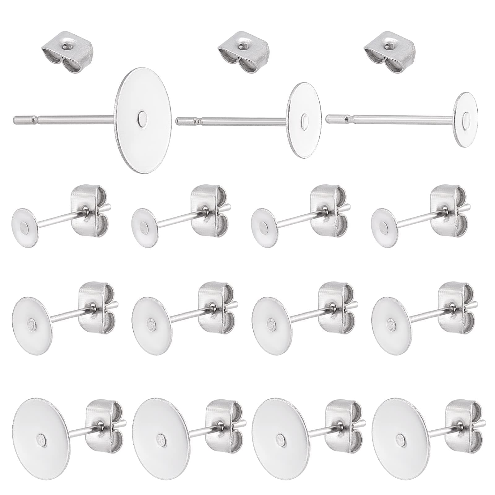 PH PandaHall 60 Sets 3 Size Earring Posts Earrings Backs Flat Back Earrings Stainless Steel Earring Posts, Blank Studs with Butterfly Back for Jewellery Making Men Women