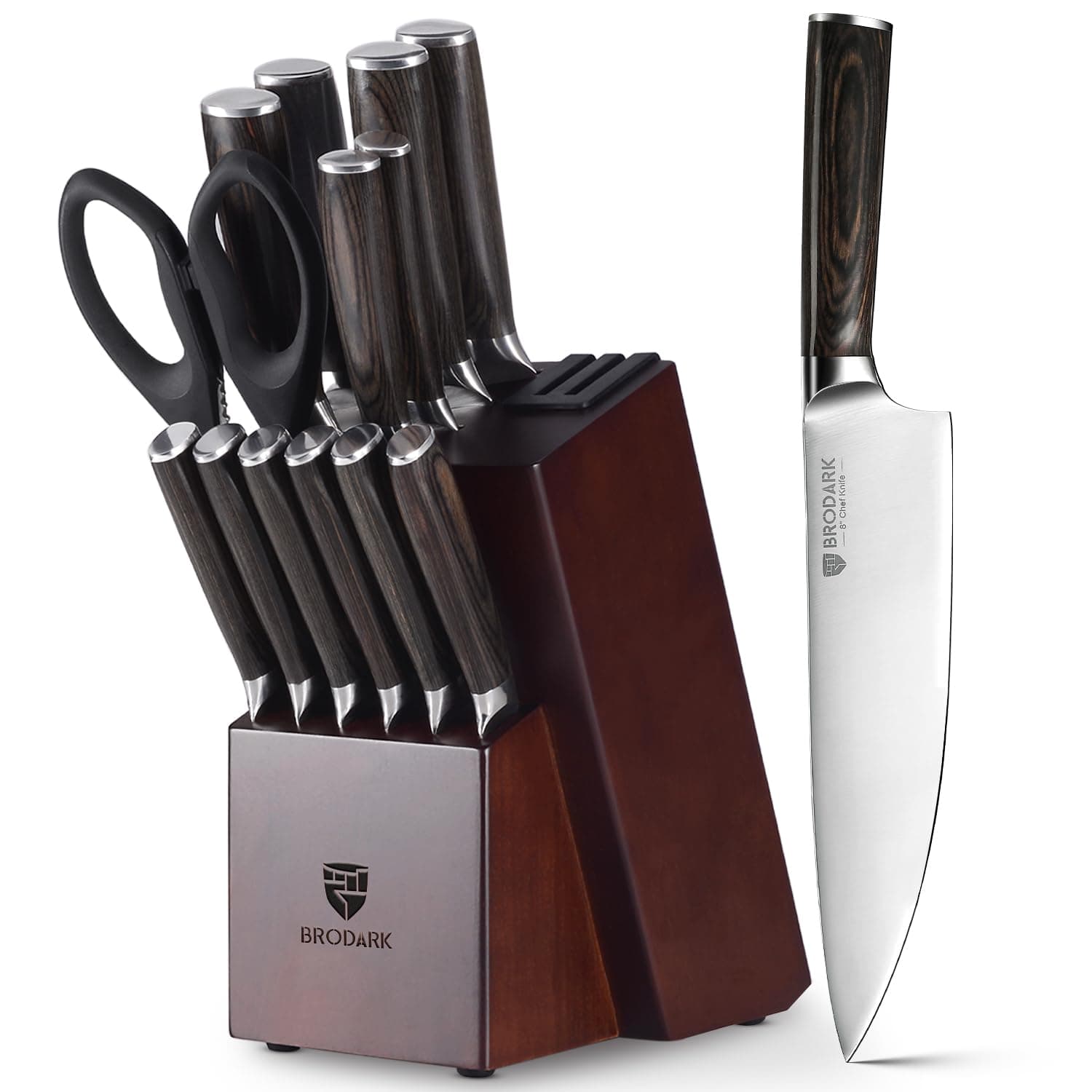 Knife Block Set: Ultra Sharp Kitchen Knife Set with Block and Sharpener, 15 Piecs Full Tang German Stainless Steel Professional Knife Set with Ergonomic Handle, Christmas Gift