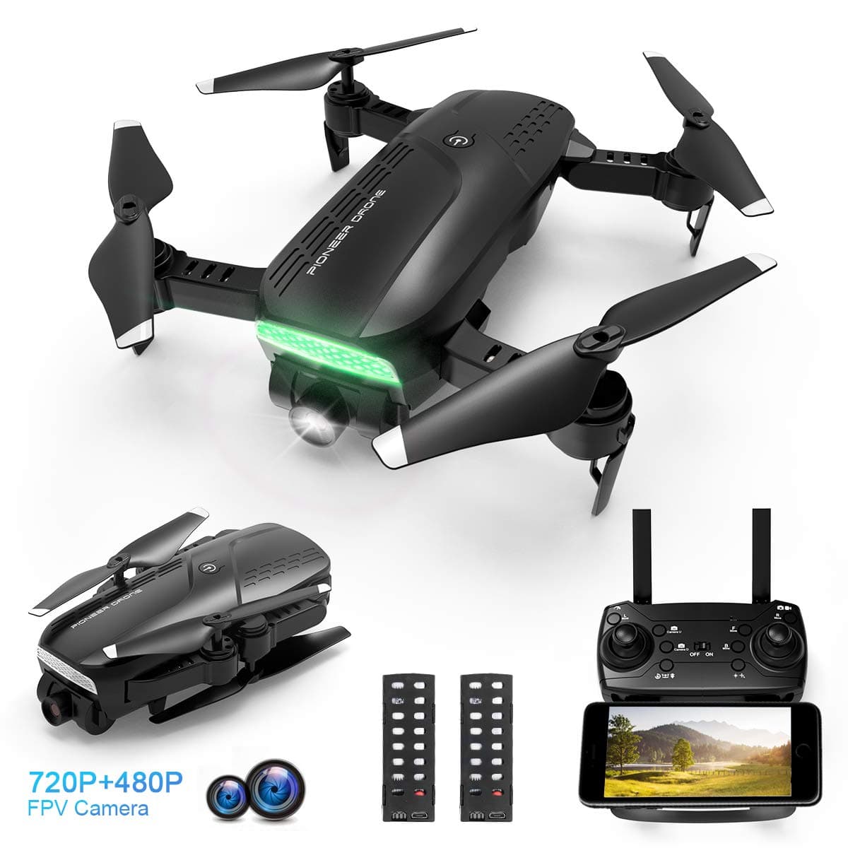 Drones with Camera for Adults, Adjustable 720P HD Camera - Foldable WiFi FPV Quadcopter for Beginners, One Key Return, Follow Me Mode, Altitude Hold, App Control, 2 Batteries, Compatible w/VR Headset
