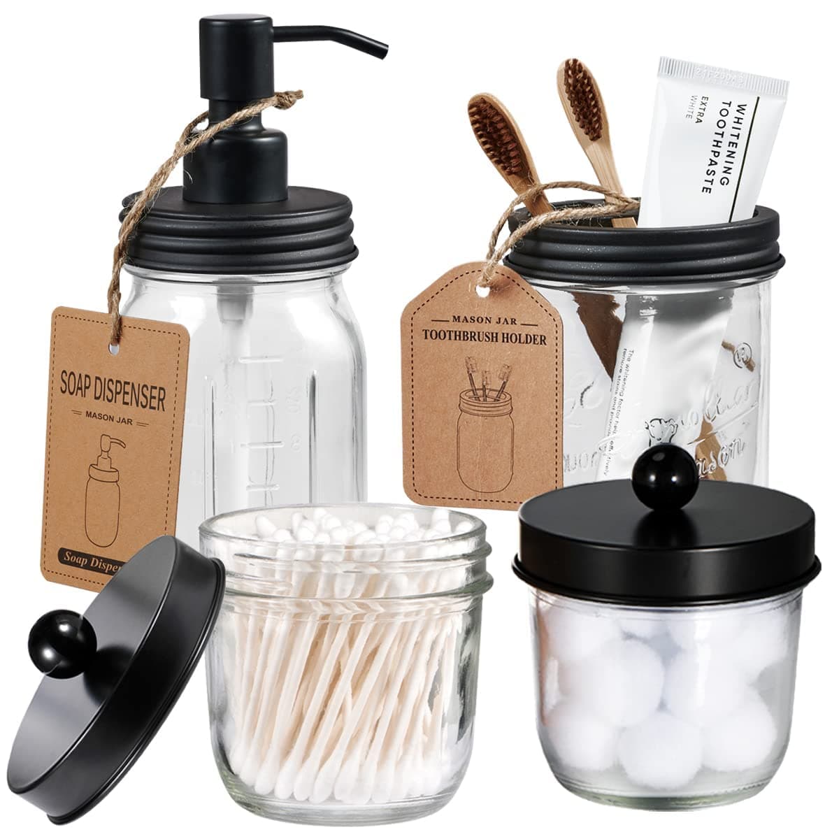 Amolliar Mason Jar Bathroom Accessories Set(4 Pcs) -Lotion Soap Dispenser &Cotton Swab Holder &Toothbrush Holder-Rustic Farmhouse Decor Apothecary Jars Vanity Organizer-Rustic Farmhouse Decor (Black)