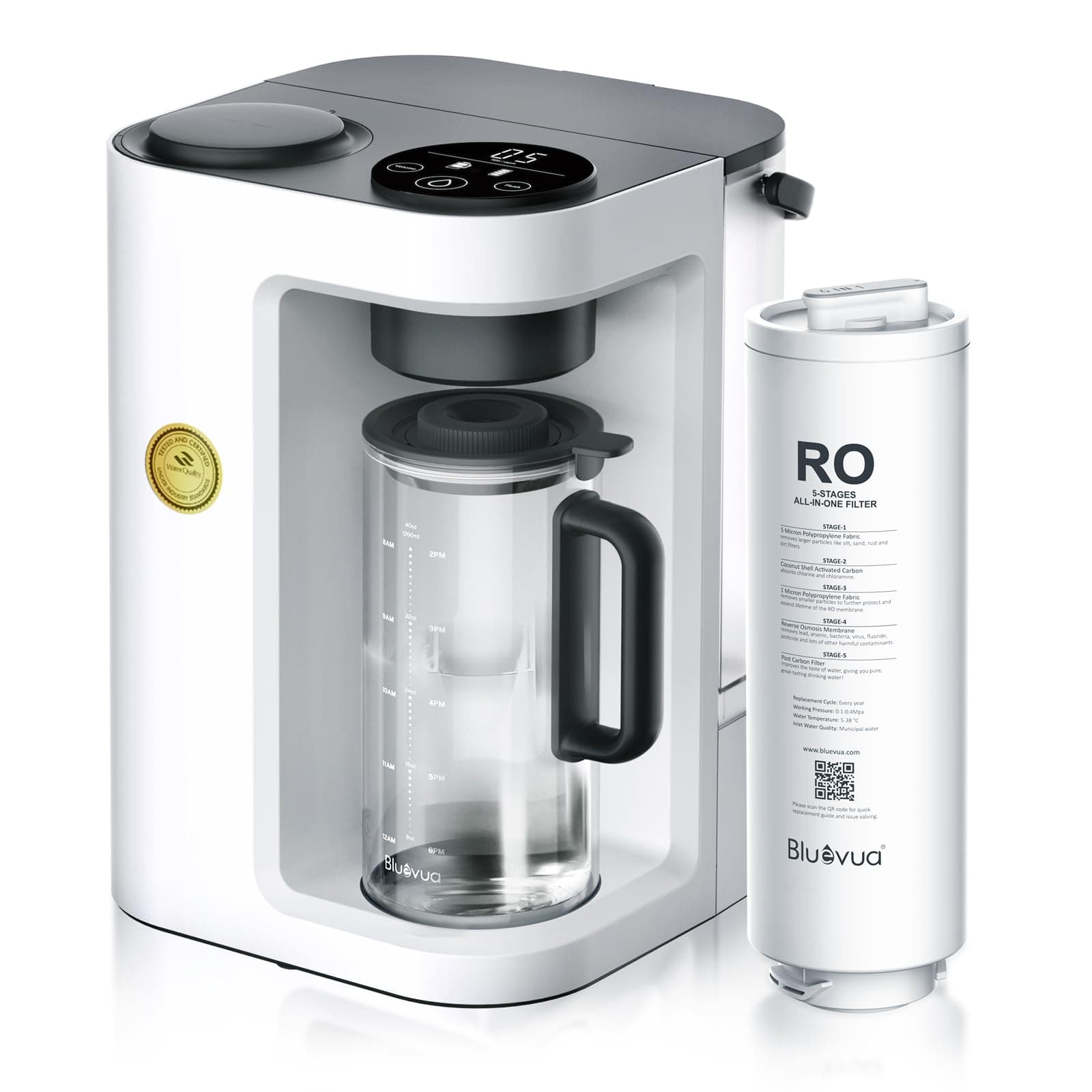 Bluevua (White) - RO100ROPOT-LITE Countertop Reverse Osmosis Water Filter System, 5 Stage Purification, 3:1 Pure to Drain, Portable Water Purifier (No Installation Required) (White)