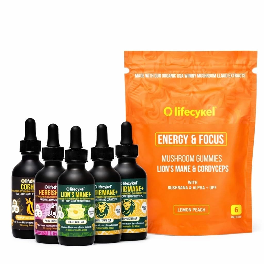 Life Cykel Premium Mushroom Extract Liquid Bundle – Lion’s Mane, Cordyceps, Reishi, Chaga, Turkey Tail & Shiitake (1oz Each) with Included Energy Gummies (10-Count), for Vitality & Mental Clarity
