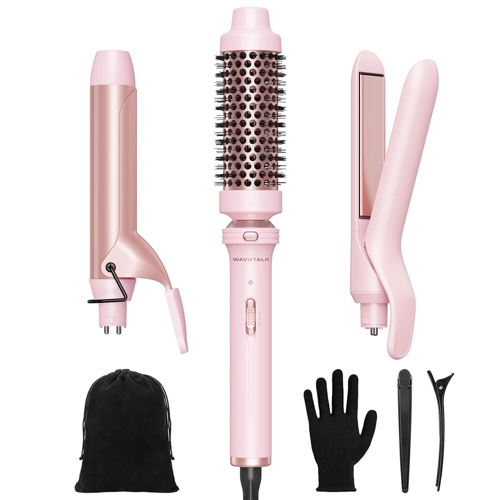 3 in 1 Curling Wand Set, Multi Curl, Curling Iron Set with Heated Round Brush, Flat Iron Hair Straightener, 1 1/4 inch Curling Iron, Dual Voltage Hair Curler(Pink)