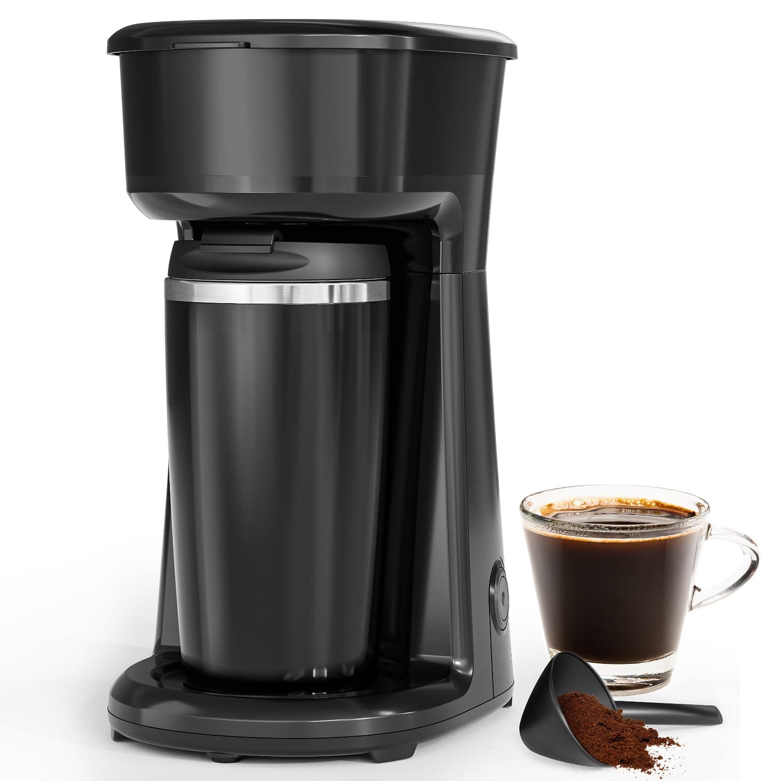 Single Serve Drip Coffee Maker with Travel Mug, One-Touch Operation, Fast Brew, Compact Small Coffee Maker with Removable Filter,Ideal for Home, Office, or On the Go(Black)