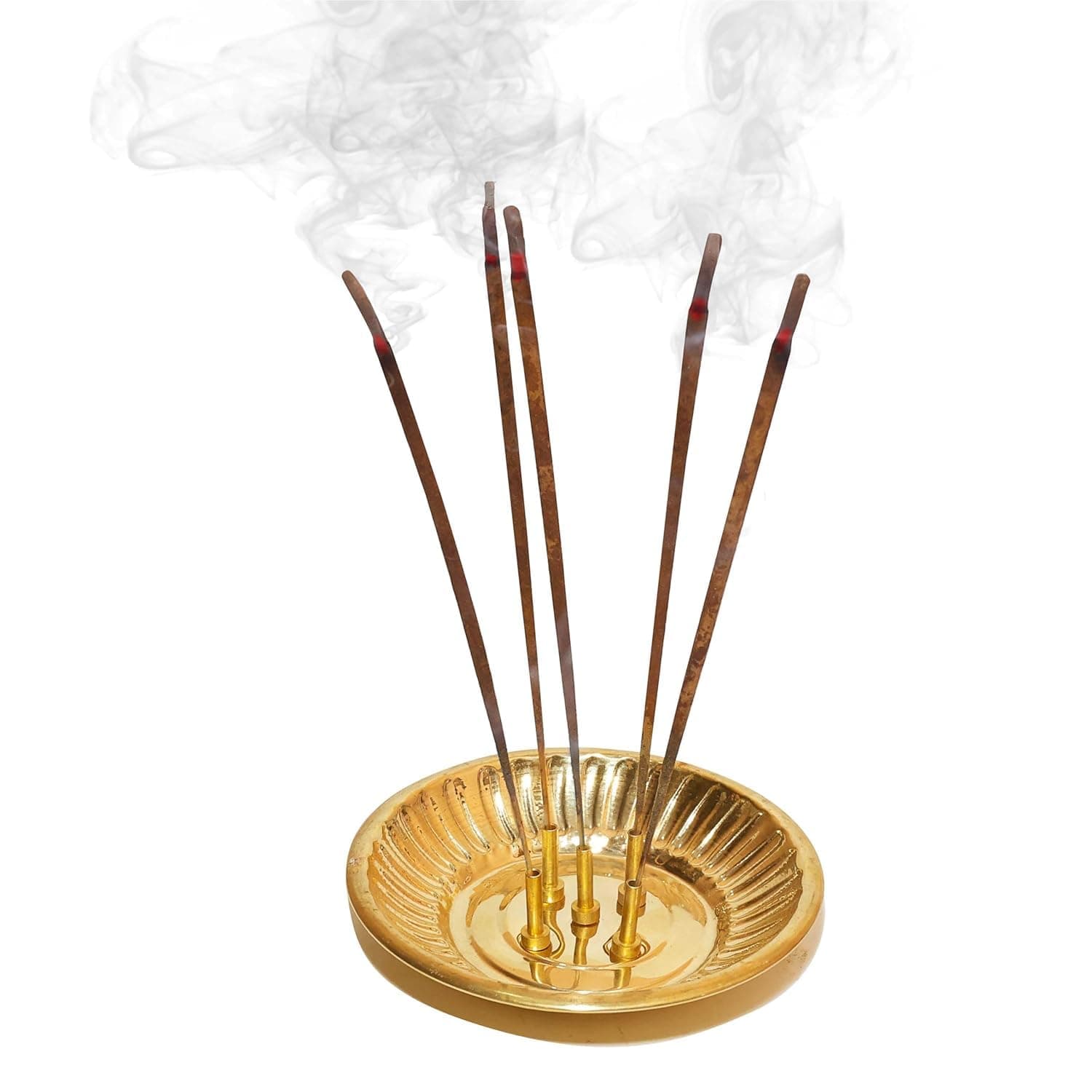 Pure Source India Brass Incense Holder for Pooja, Agarbatti Stand with Ash Catcher, Decorative Round 4 Inch Gold, Wooden Base for Home Decor, Meditation & Gift Use