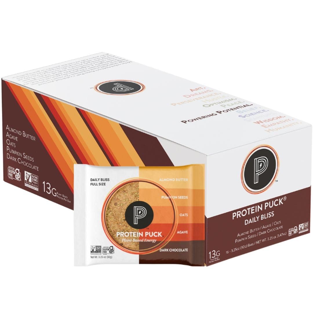 Protein Puck Plant Based Bars | Snacks with Vegan Protein | 16 Count | 3.25 oz Full Size | Gluten Free, Non Dairy, Kosher Certified Non GMO Premium Healthy Bars | Daily Bliss