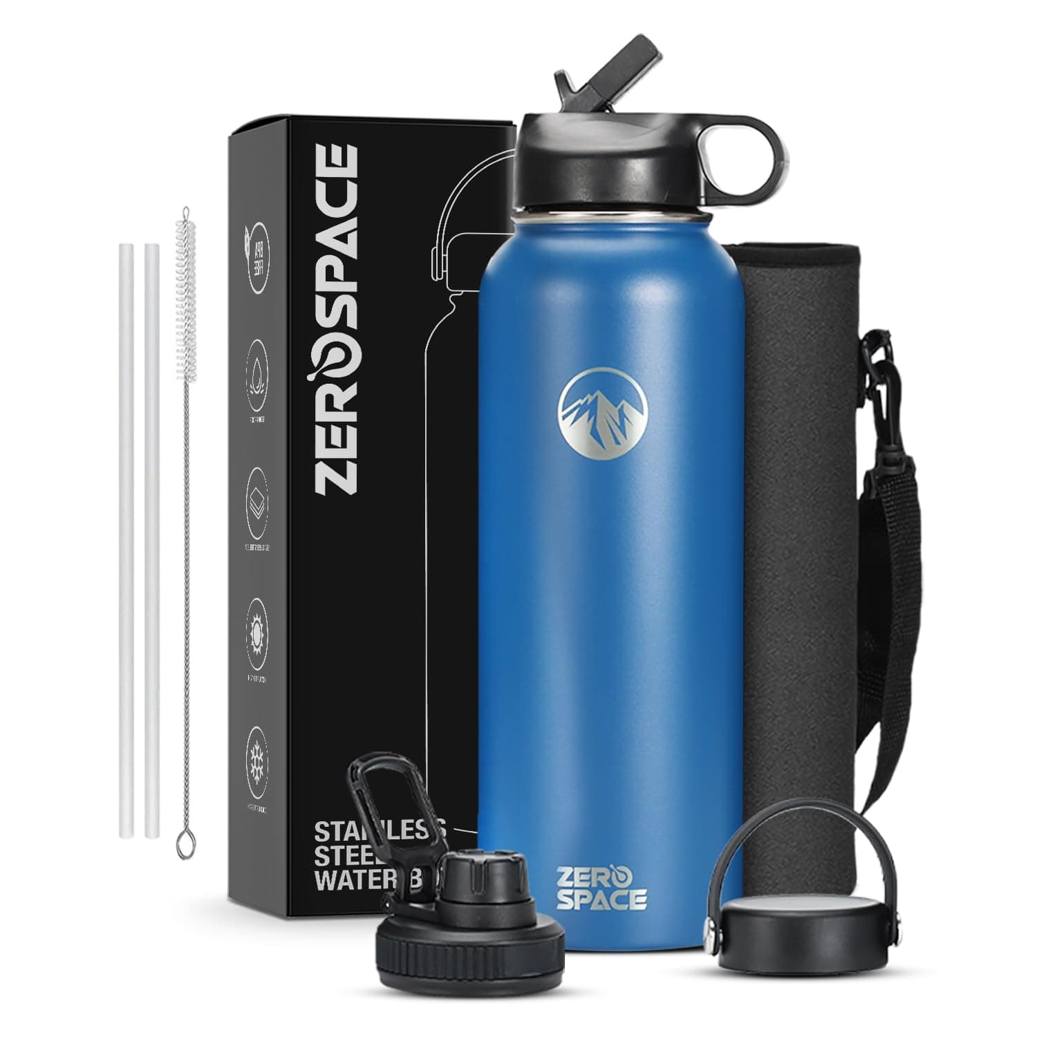 ZeroSpace Stainless Steel Water Bottle, 1200ml Insulated Water Bottle with Straw & Brush, BPA-Free Double Wall Vacuum Thermos Flask for Hot & Cold Drinks, Gym, Travel, Office & Kids (Blue)