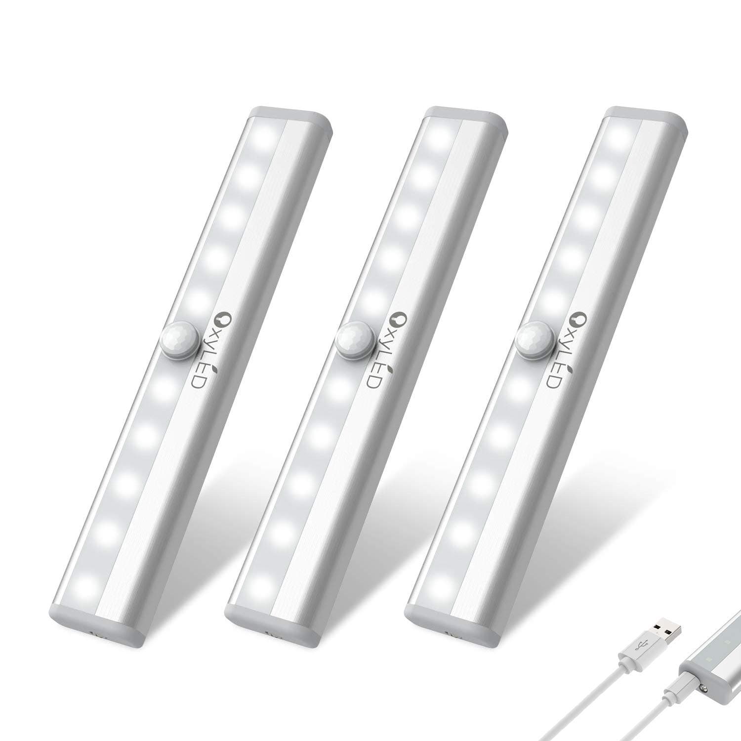 OxyLEDUnder Cabinet Lights, 10 LED Rechargeable Motion Sensor Closet Lights Indoor, 3 Pack Wireless Magnetic Stick-on Cordless Night Lighting Bar, Under Counter Lighting for Kitchen, Stairs, Hallway