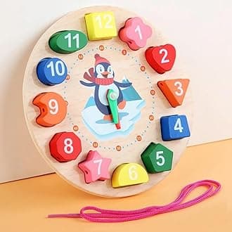 Wooden Shape Color Sorting Clock Teaching Time Number Blocks Clock Shape Patterns Sorting Puzzle Montessori Early Learning Educational Toy Gift for Toddler Baby Kids 3+