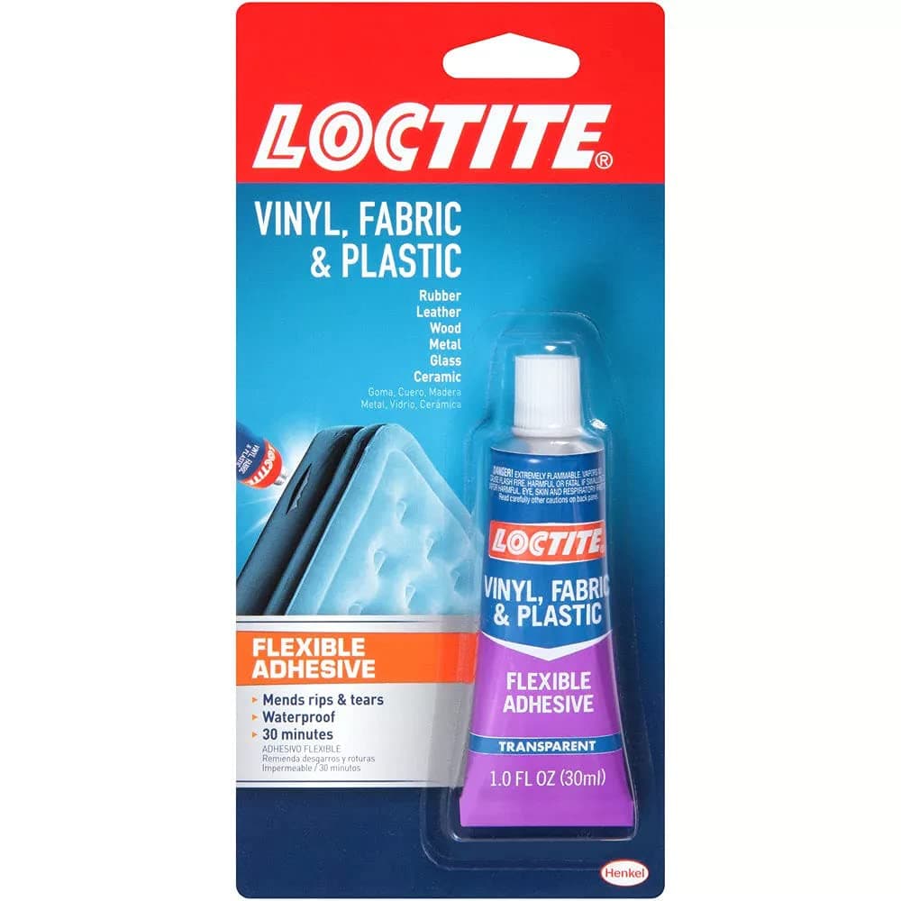 Loctite Vinyl Fabric & Plastic Repair Flexible Adhesive, clear liquid adhesive ideal for repairing vinyl seats, cushions, tarps, and outdoor gear, highly flexible to withstand bending and torsion