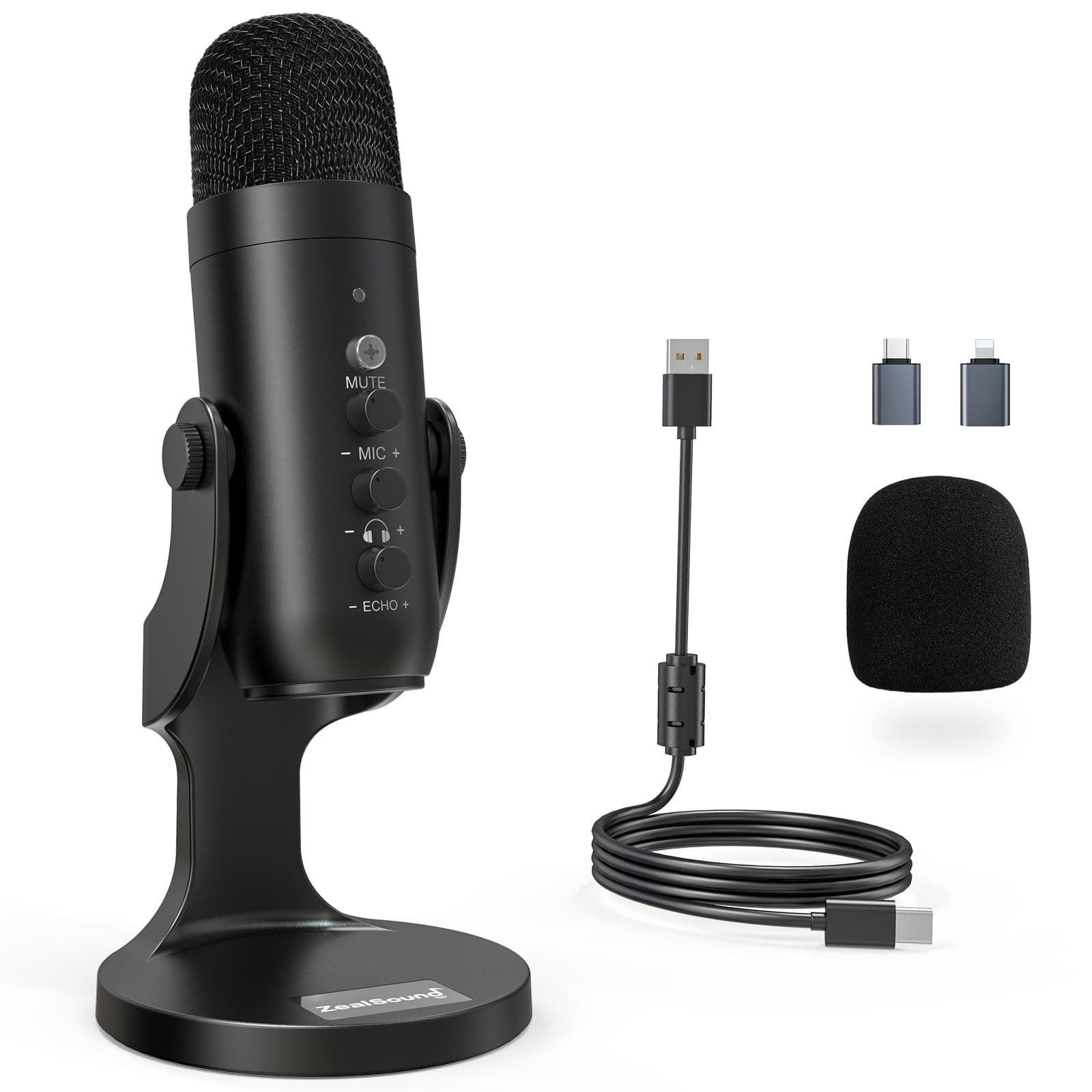 ZealSound USB Gaming Microphone,Condenser Computer PC Microphones,Plug&Play Mic for Podcast PS4/PS5 Vocal,YouTube on Mac&Windows with Mic Gain Control,Mute,Echo,Noise cancel,Headphone Jack,K66 Black