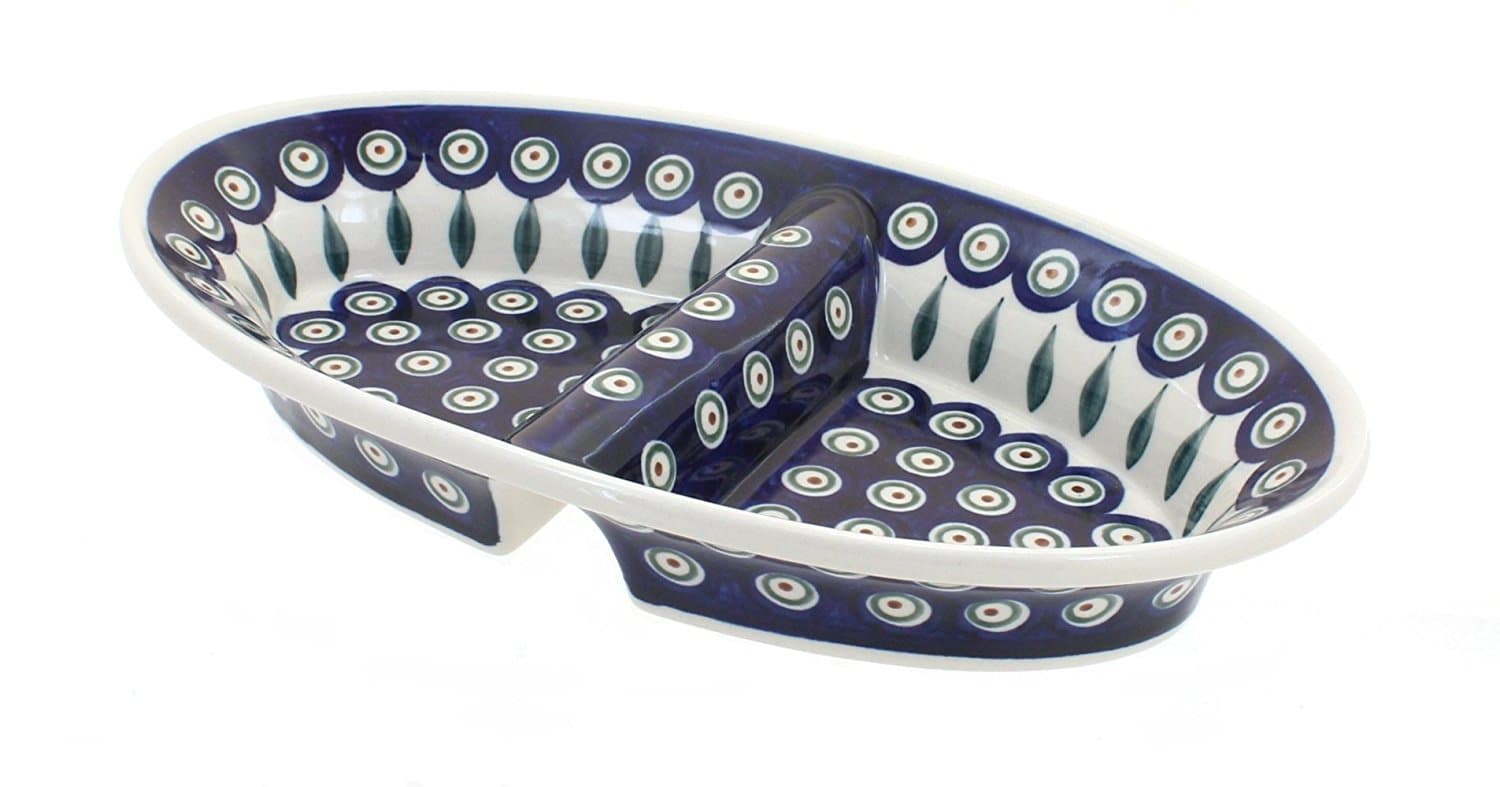 Blue Rose Polish Pottery Peacock Divided Dish