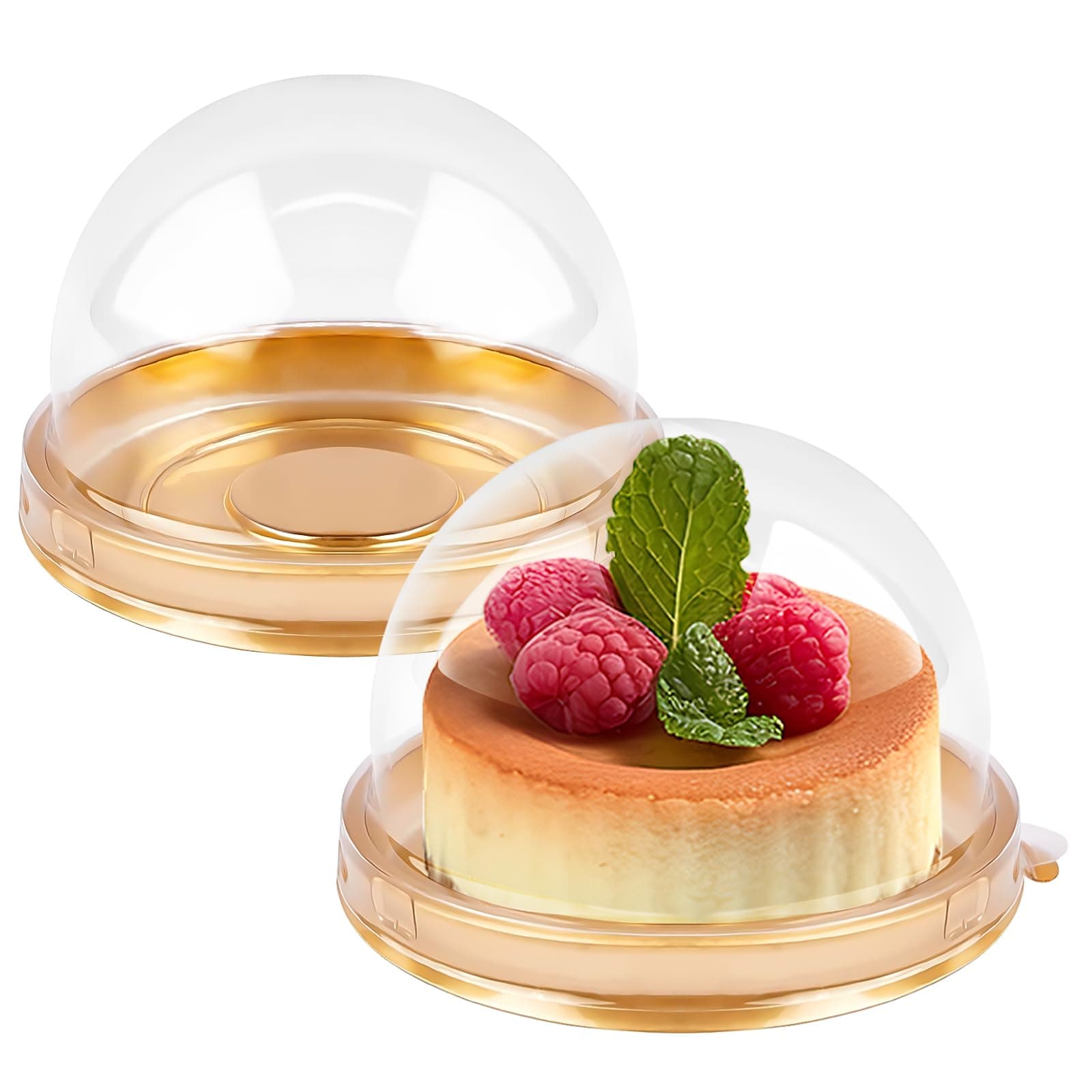 Zezzxu 50 Pack Mini Cake Containers, Clear Plastic Small Cupcake Boxes with Dome Lids for Individual Chocolate Covered Cookies, Strawberry, Mooncake (Gold)