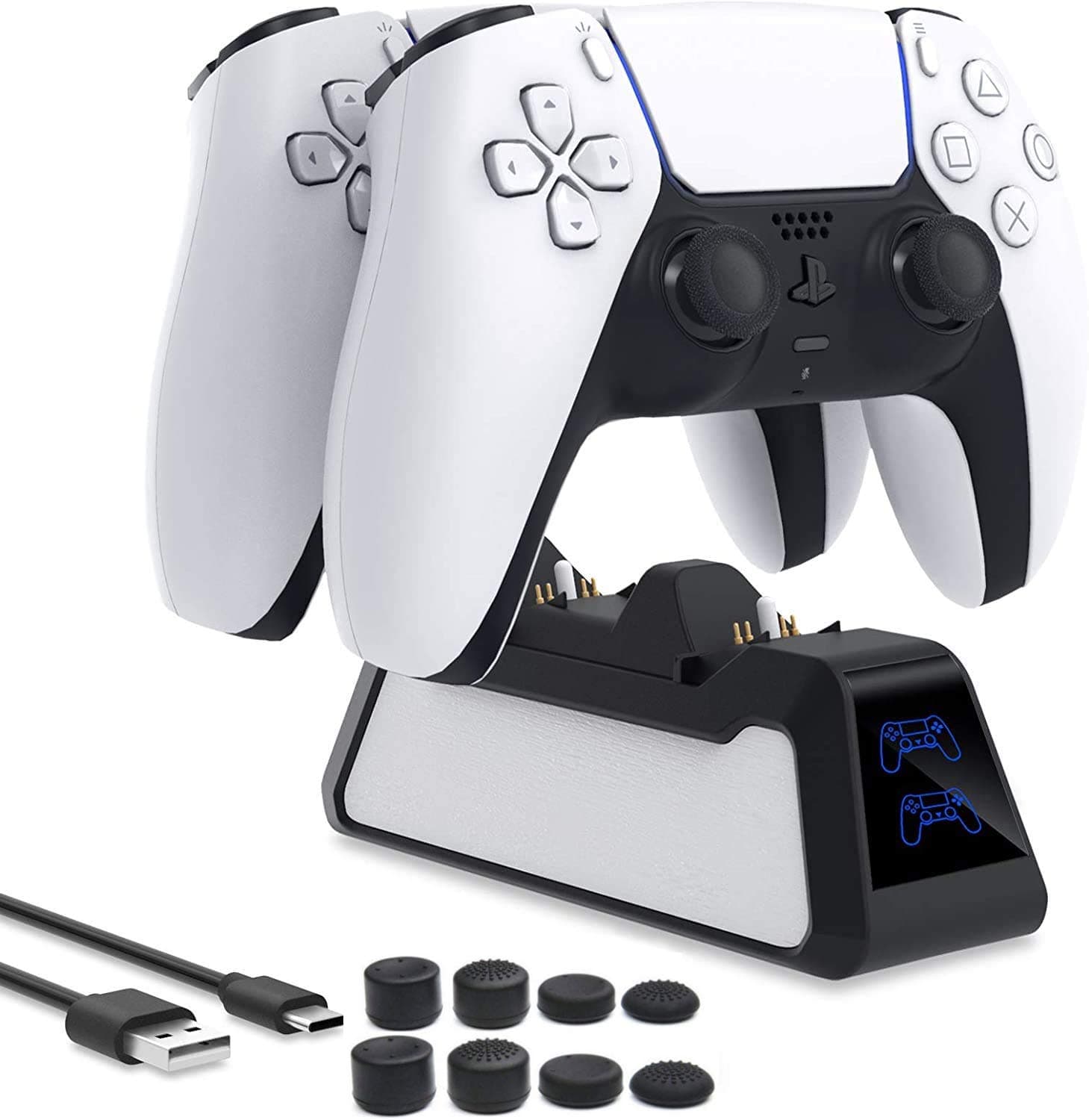 Chulovs Charger for PS5 DualSense Wireless Controller with Thumb Sticks, Dual Controllers Fast Charging Station with LED Indicator, Charger Station Dock for Sony Playstation 5 Dualsense (Black)