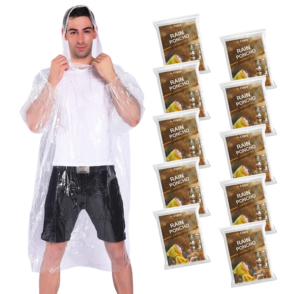 Rain Ponchos,with Drawstring Hood （10 Pack） Emergency Disposable Rain Ponchos Family Pack for Adults,Clear