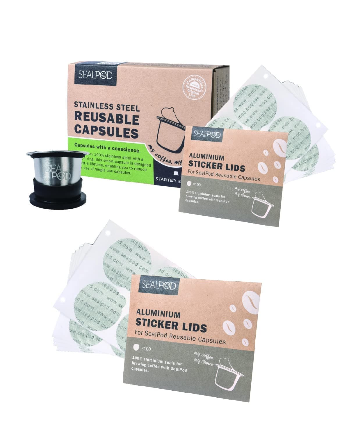 SEAL POD Reusable 1 Pod Bundle, Durable Stainless Steel Refillable Coffee Capsule Compatible with Original Machines, Includes 1 Pods, 1 Cover, 100 + 100 Sticker Lids