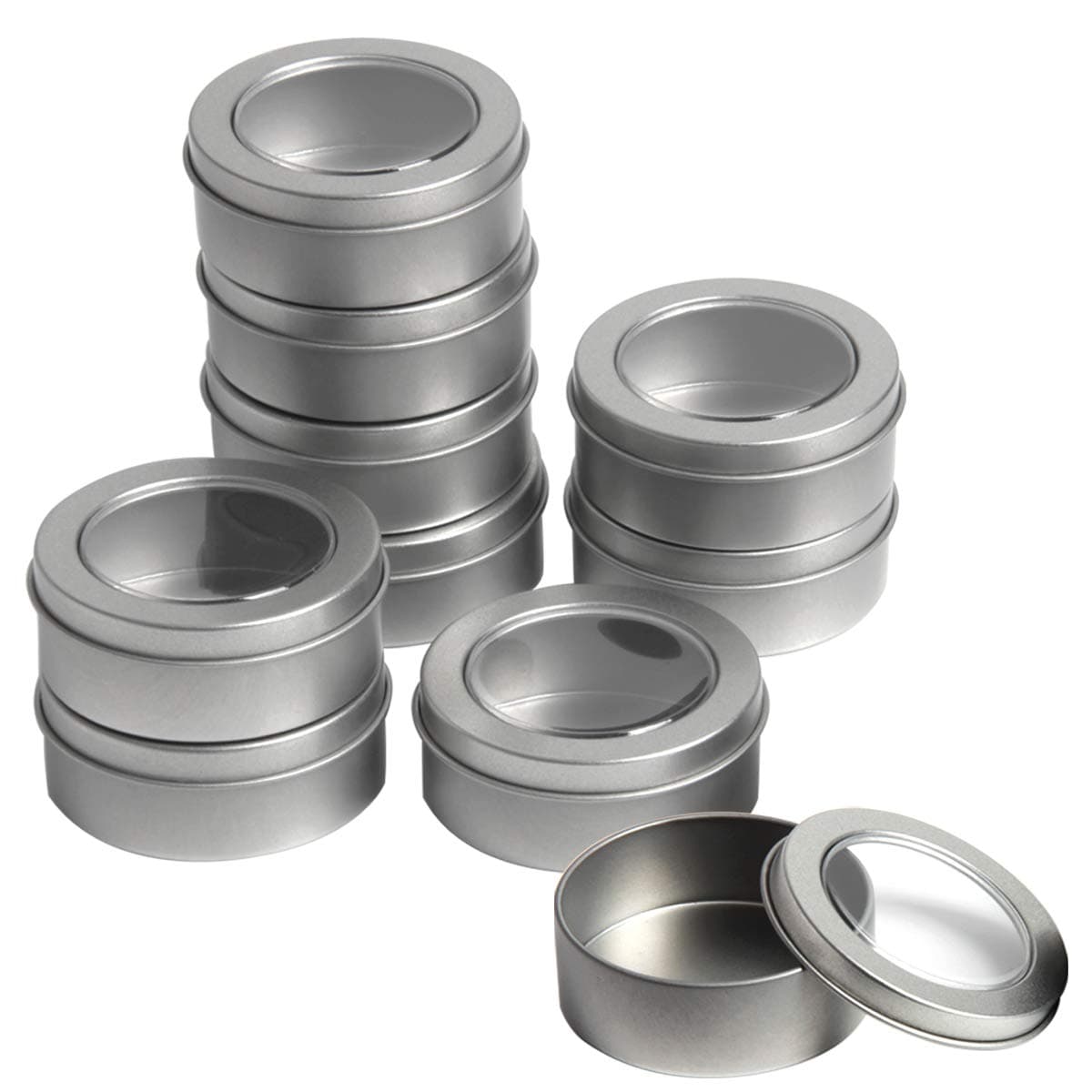 Ira Pollitt 10 Pack Metal Tin Cans Round Empty Container Empty Tins Spice Tins Refillable Containers with Clear Top for Kitchen, Office, Candles