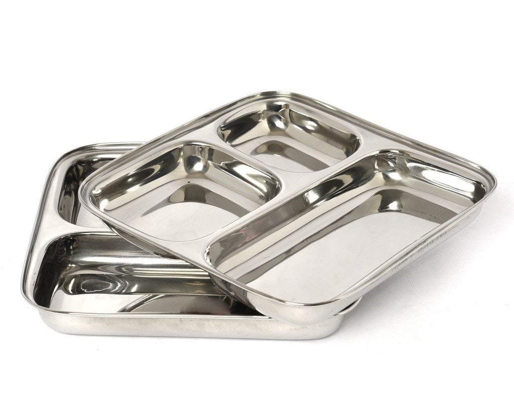 Stainless Steel 3 Compartment Square Plate, Thali, Mess Tray, Dinner Plate Set of 2 pcs- 25 cm Each