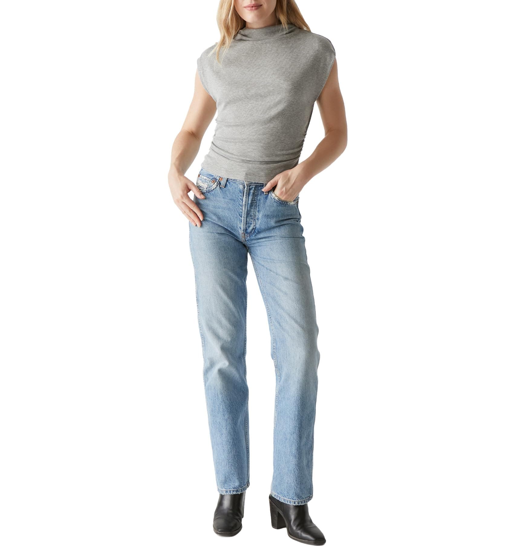 Michael StarsWomens Amara Mock Neck Ribbed Powershoulder Top