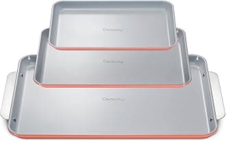 Caraway Non-Stick Ceramic Baking Sheet Trio - Naturally Slick Ceramic Coating - Non-Toxic, PTFE & PFOA Free - 18 x 13" Large, 15 x 10" Medium, & 9" x 13" Small - Perracotta