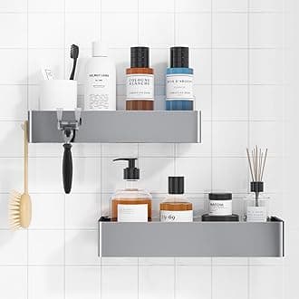 Shower Caddy - 2 Pack Adhesive Shower Organizer, Rustproof Metal Shelves, No-Drill Bathroom Organizers and Storage, Silver Grey, Large