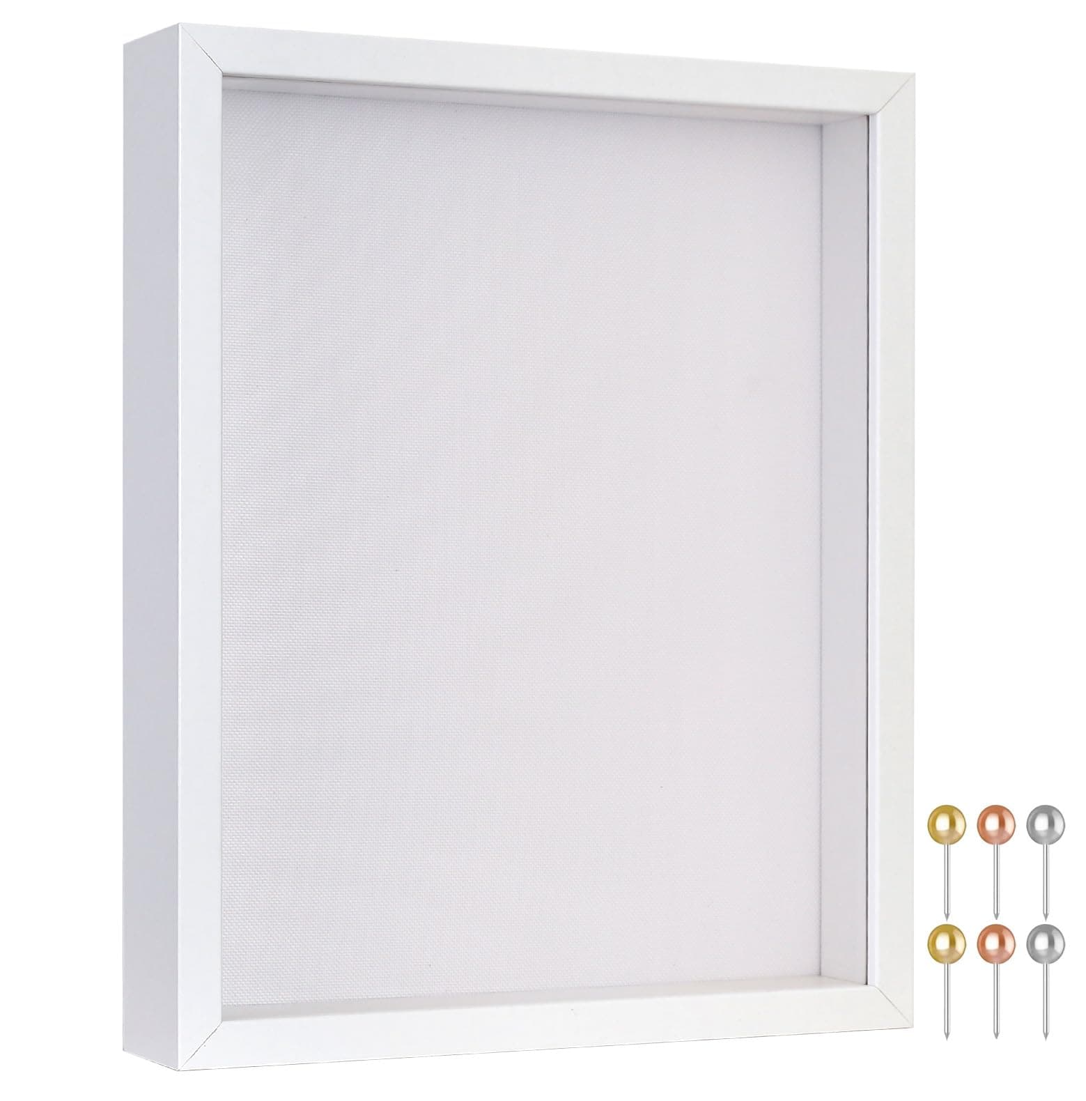 8x10 Shadow Box Frame with Soft Linen Back - Metal Push Pins Included, Memory Shadow Box Display Case for Bouquet Awards Medals Wedding Photos and More, White