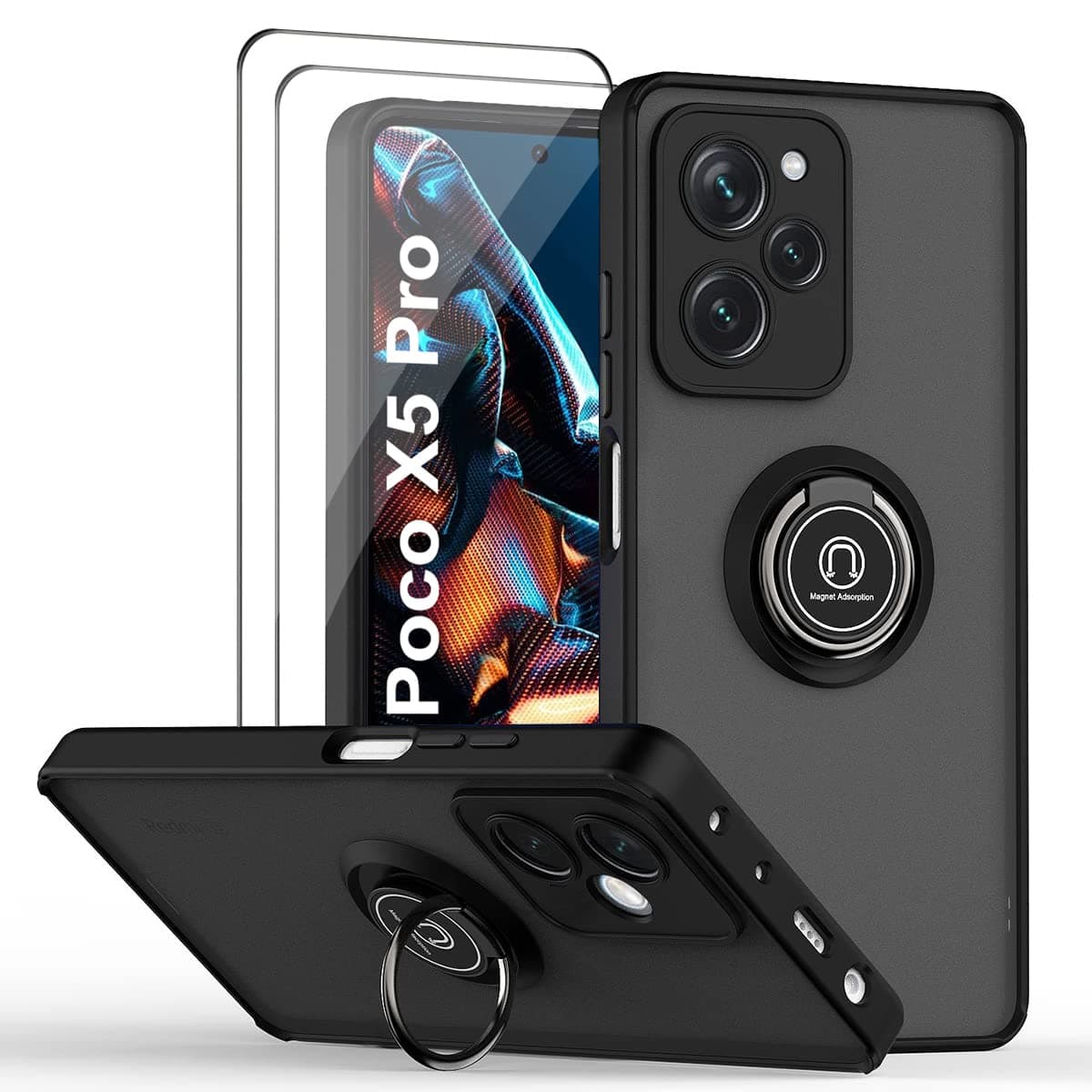 Case Compatible with Xiaomi Poco X5 Pro 5G with Screen Protector,TPU + Hard PC Shockproof Magnetic Ring Car Mount Holder Phone Cover,Black