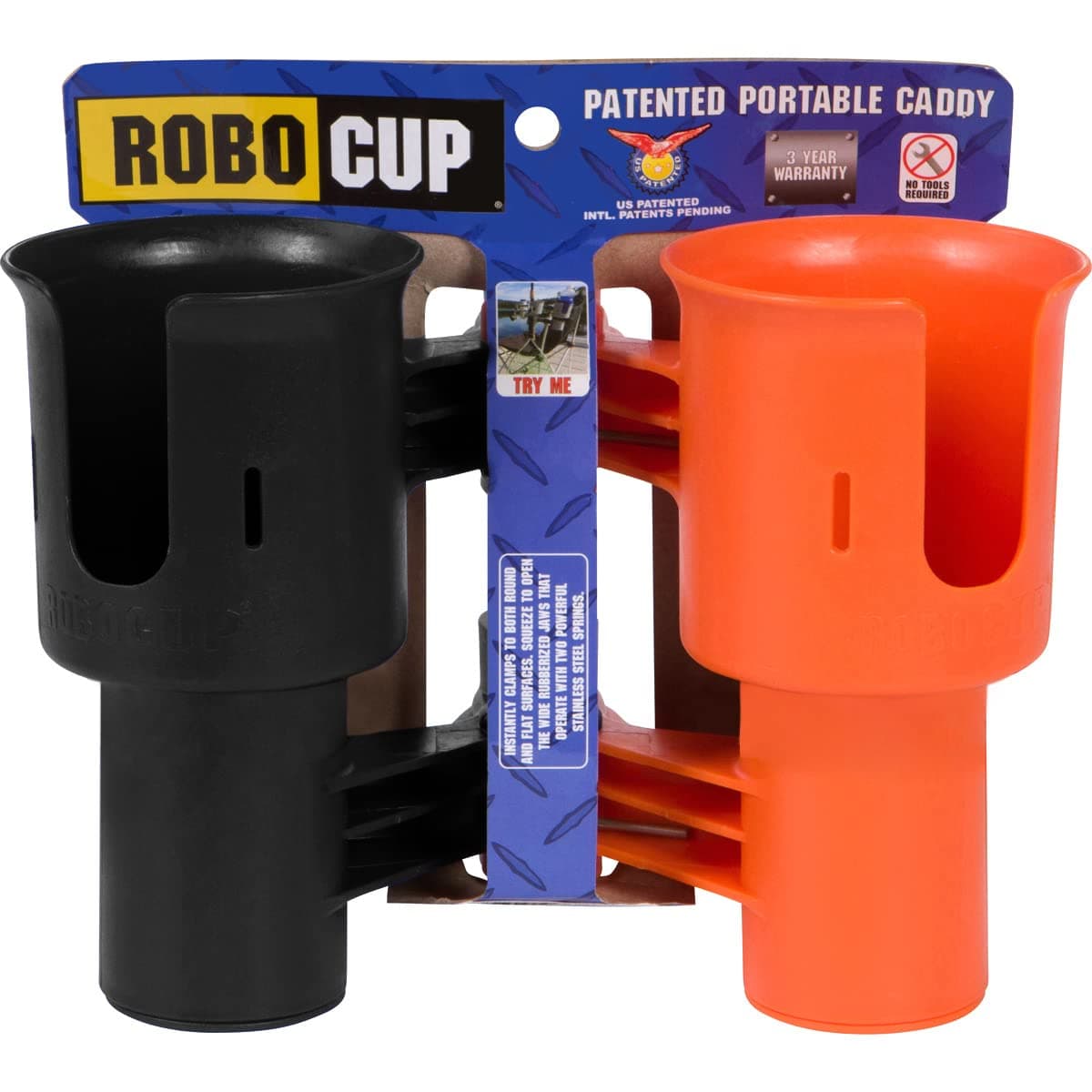 ROBOCUP, (Orange & Black), Patented Clamp On Boat Cup Holder |Multifunction Dual Drink Caddy for Fishing Poles, Tools, Net, Gaff |Portable Storage for Boating, Beach, Umbrellas, Golf Carts, Strollers