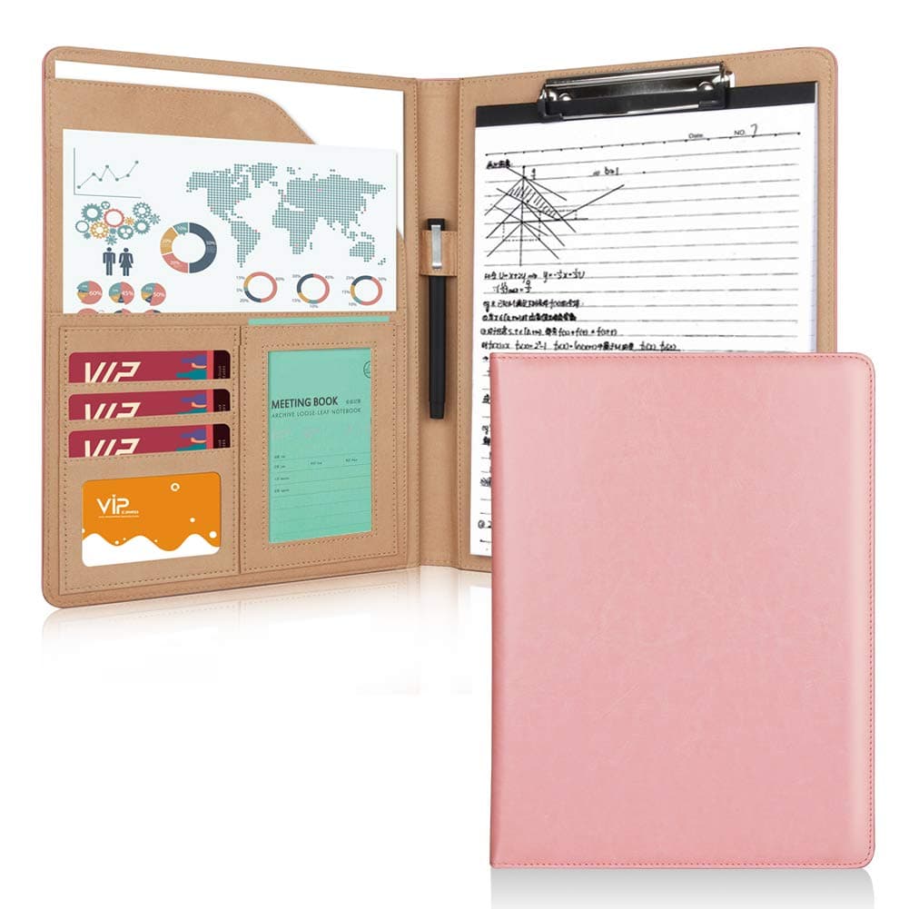 A4 Clipboard Folder with Storage,Pink PU Leather Portfolio Folder Document Organizer Suitable for School, Office,Business,Resume and Legal Document