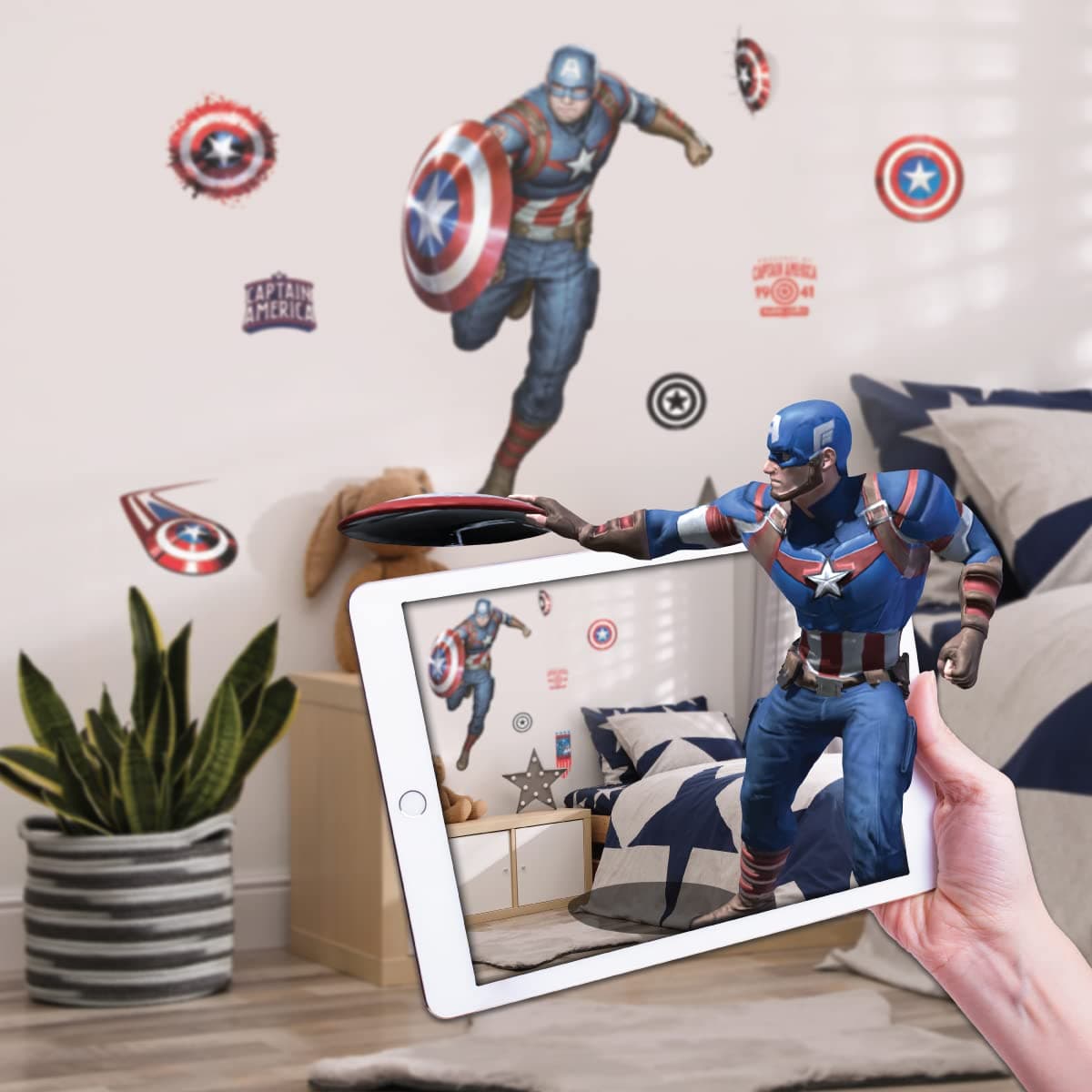 Wall Palz Marvel Captain America Wall Decals - 27" Augmented Reality Avengers Captain America Bedroom Wall Decor Peel and Stick Vinyl Wall Stickers