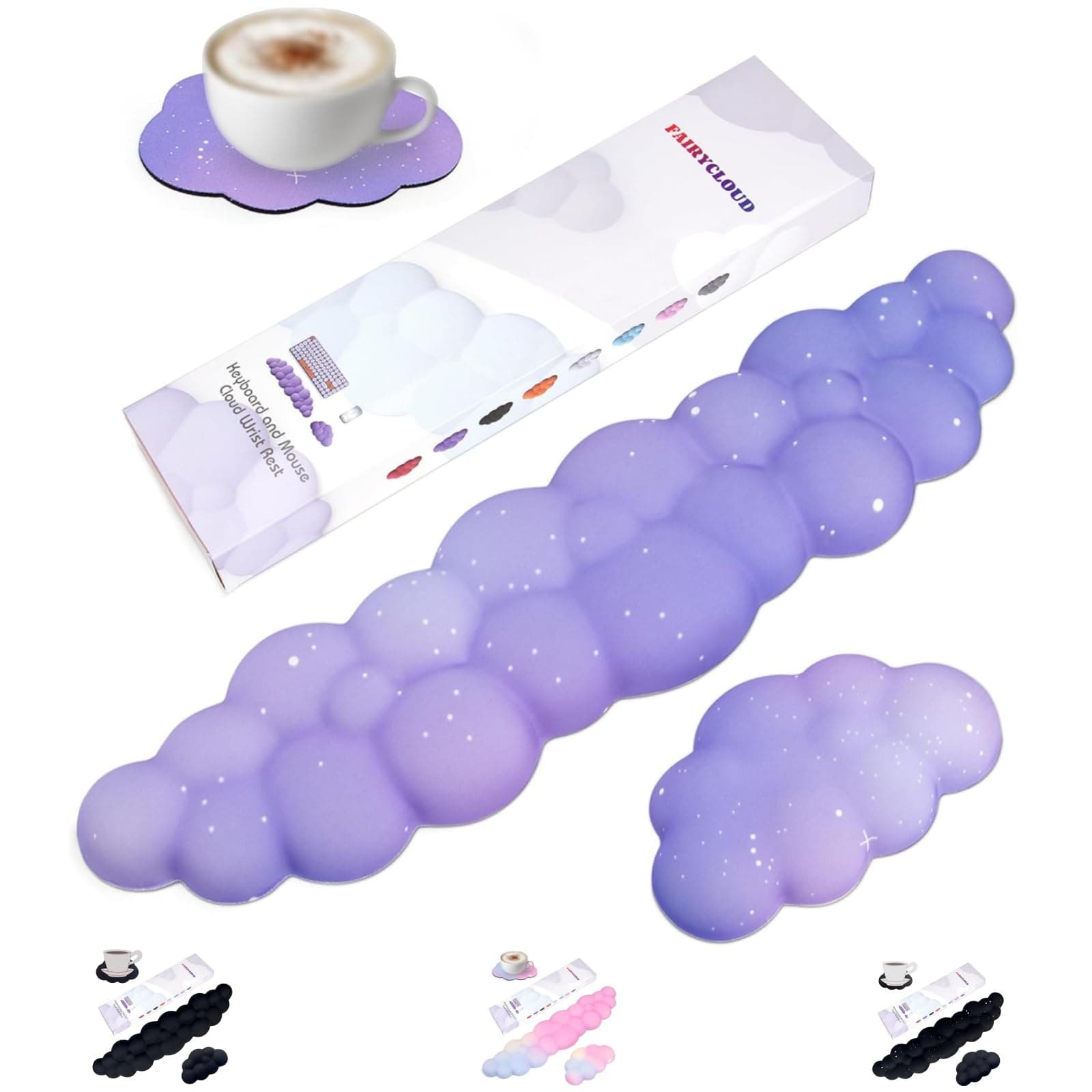 Cloud Wrist Rest Set for Keyboard and Mouse, Includes Cute Coaster, with Computers and Laptops（Purple Star Set）